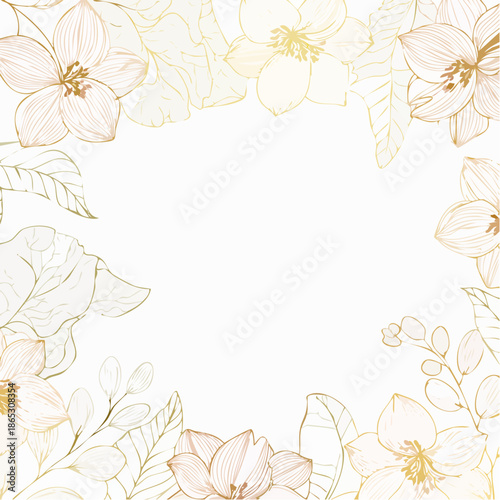 A serene floral wreath with delicate flowers and leaves in a golden outline on a white background