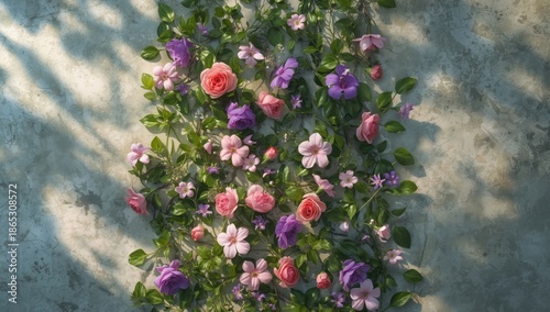 Arrangement of green leaves and flowers in a flat lay style, ideal for nature-themed UI backdrop