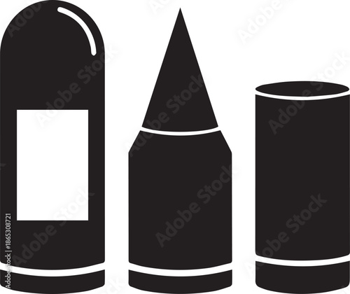 Vector illustration of various cylindrical objects in a row, showcasing different shapes and forms from a front viewpoint