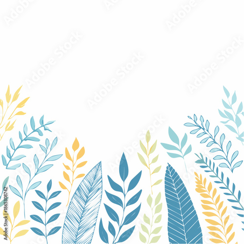 A serene arrangement of colorful leaves and branches against a clean white background from a straightforward viewpoint