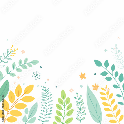 Delicate botanical illustration of colorful leaves and flowers on a white background from a top-down viewpoint