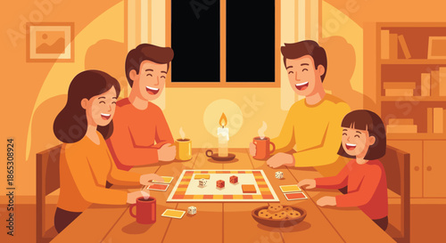 Happy family and friends sitting at wooden table playing board game together with candle and hot drinks in cozy living room at night while laughing and enjoying leisure activity time.
