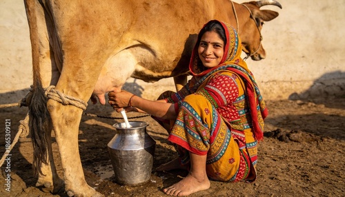 Smiling Indian female farmer milking a cow in the golden hour light, traditional organic dairy farming