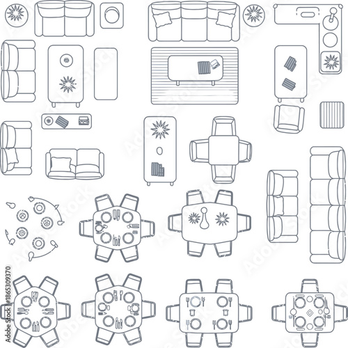 Top view living room furniture layout icons show sofas tables chairs arranged for interior planning and space organization