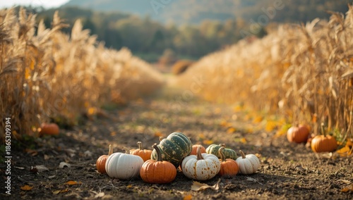 Pumpkins in shades of white, green, and orange scattered on the ground in a fall pumpkin patch, seasonal harvest landscape