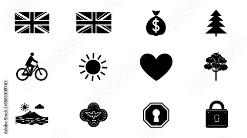 Diverse set of black and white vector icons for nature, travel, finance, security, and lifestyle concepts