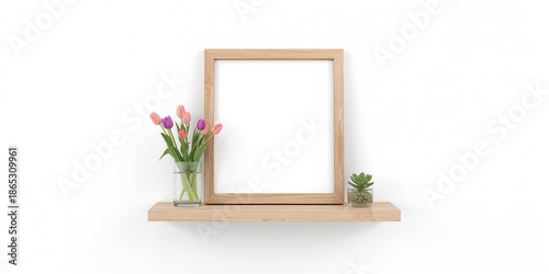 Mock-up of a square wooden frame holding home decor, a plant, and spring flowers on a white background, for interior styling