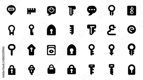 Minimalist Vector Icons: Black and White Keys, Locks, and Keyholes for Security and Access Concepts