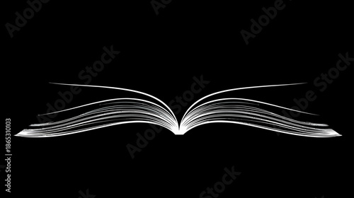 Abstract glowing open book illustration on a black background, symbolizing knowledge, learning, wisdom, and future concepts.