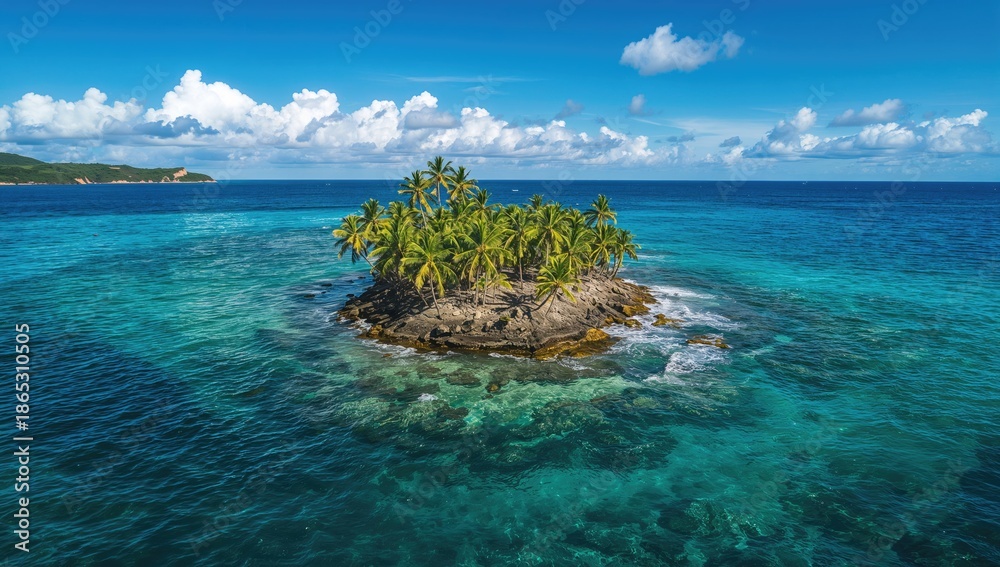 Fototapeta premium Birds eye of Cerro Gordo seaside village in Puerto Rico, palm-lined rocky promontory blending into clear waters, picturesque cove, Earth Day