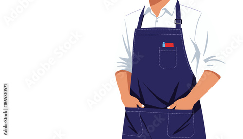 Man wearing blue apron with pockets and standing isolated on a transparent background  