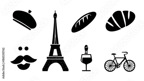 Classic French culture vector icon set with traditional food, fashion, and travel elements in flat design style.