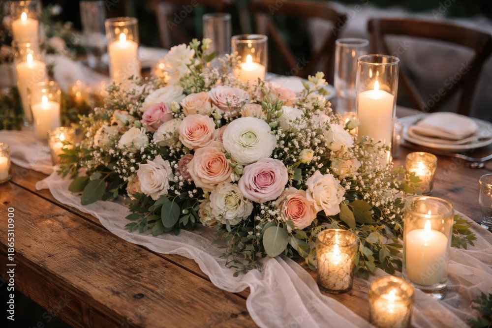 Obraz premium Natural wood wedding table focal decoration with fragrant flowers and candle illumination