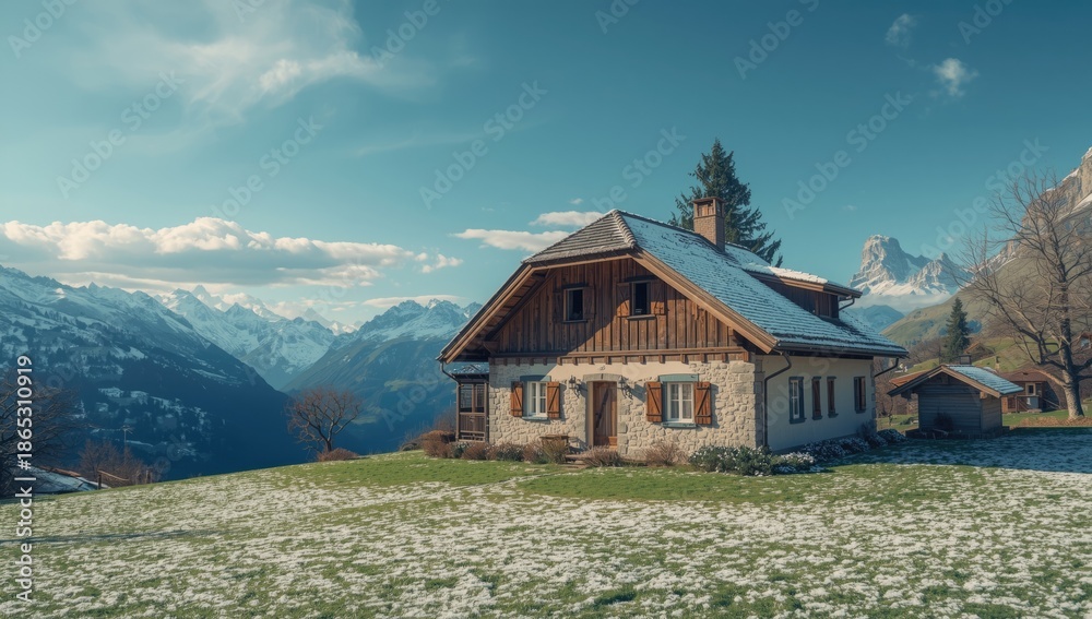 Fototapeta premium European Alps setting with a traditional Bavarian style farmhouse, ideal for editorial header backgrounds