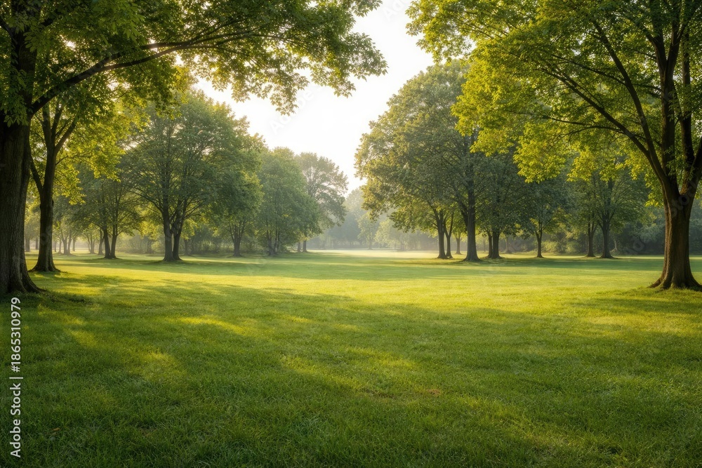 Obraz premium Peaceful park in the morning with vibrant green grass and tree clusters and copy space