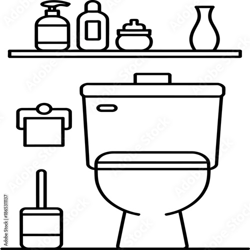 Simple bathroom line icons show toilet mirror paper and toiletries representing hygiene essentials and restroom facilities