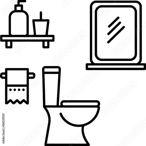 Simple bathroom line icons show toilet mirror paper and toiletries representing hygiene essentials and restroom facilities