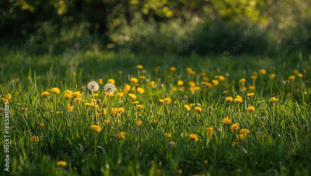 Fototapeta premium Springtime scene with yellow dandelions covering a lush green meadow, suitable for nature-themed layouts