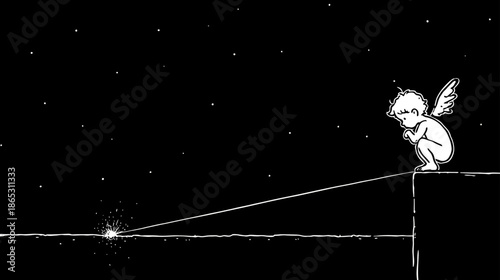 Whimsical winged angel figure on a cliff edge gazing at a distant sparkling light under a starry night sky, symbolizing hope and contemplation.