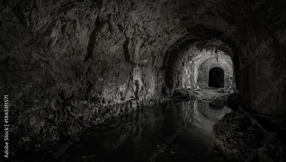 Obraz premium Underground tunnel filled with water, safety hazards and maintenance challenges
