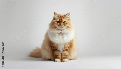 Long-haired Norwegian Forest Cat with white and orange coat, sitting upright on a plain white background, focused gaze