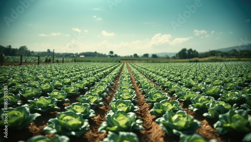 Young cabbage crops in a cultivated field under sunlight, highlighting farming activities and crop management