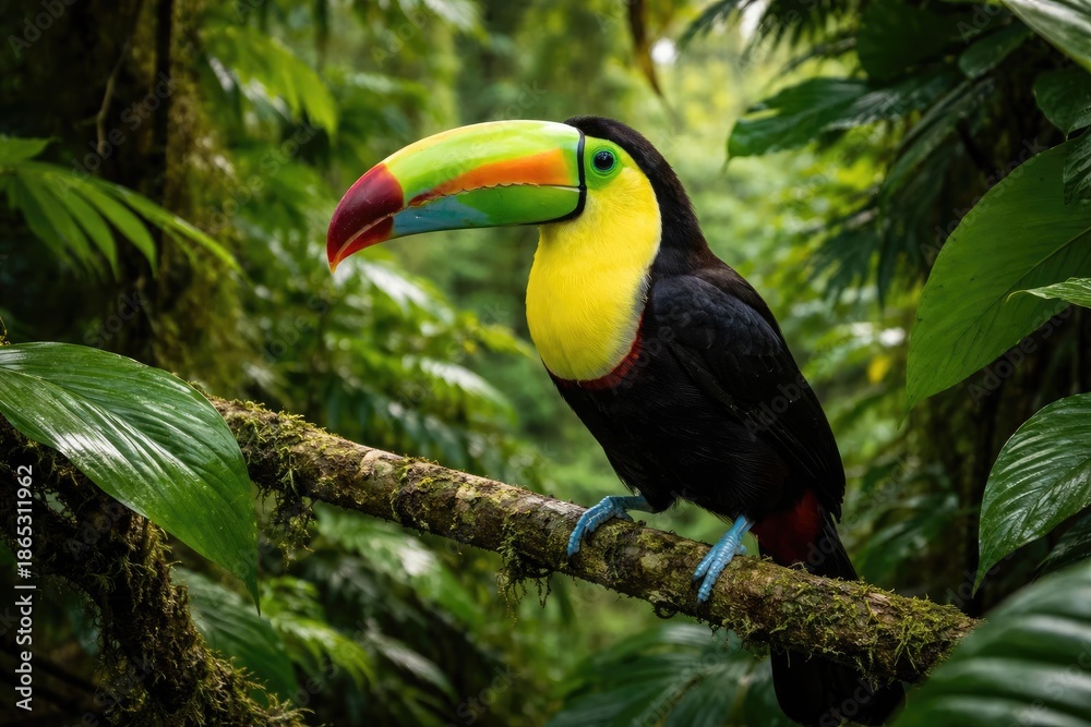 Obraz premium Exotic keel billed toucan resting among dense green rainforest foliage on a nature trip
