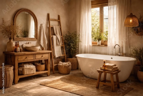 Authentic Scandinavian bohemian interior backdrop featuring beige bathroom and natural wood furniture