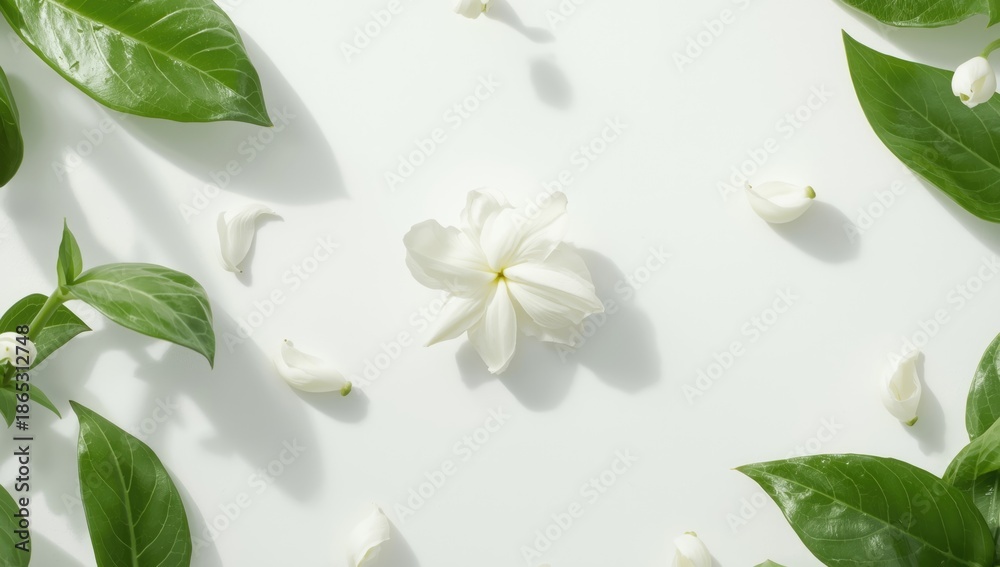 Fototapeta premium Jasmine blossom with green leaves, suitable for herbal tea ingredients, Earth Day