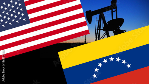 American and Venezuelan flags against the silhouette of an oil rig. Symbol of energy, economy, international relations, diplomacy, and geopolitical conflict.
