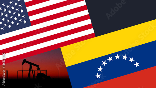 American and Venezuelan flags against the silhouette of an oil rig. Symbol of energy, economy, international relations, diplomacy, and geopolitical conflict.