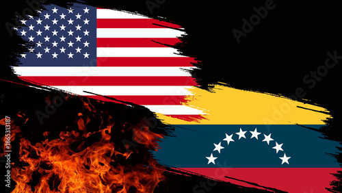 USA and Venezuela flags as brush strokes on black background with fire flames.