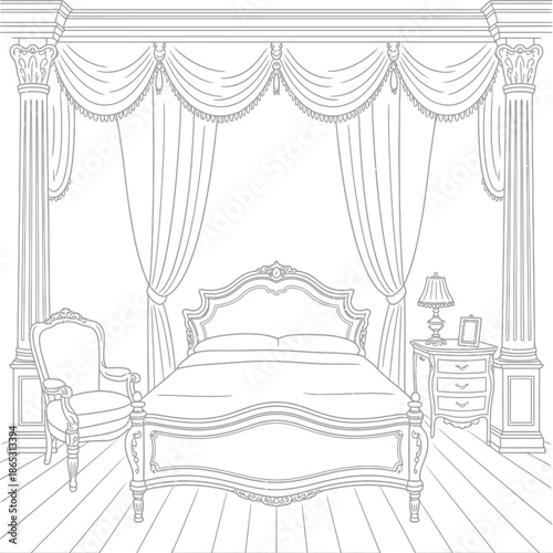 Elegant classical canopy bed line illustration with curtains columns and ornate details symbolizing luxury comfort romance and refined interior style