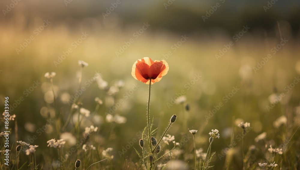 Obraz premium Detailed view of a red poppy among meadow grasses, highlighting natural flowering stages and plant health