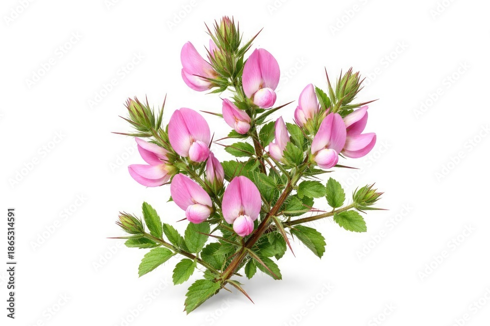 Obraz premium Botanical image of pink spiny restharrow flowers with pointed thorns and healthy green leaves on white background