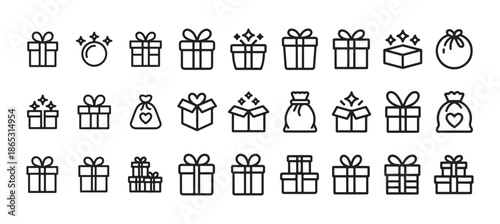 Gift Box Line Icons Set. Outline Present Icon, Minimal Gift and Present Vector, Black and White Gift Box, Simple Festive Gift Icon. vector illustration eps 10