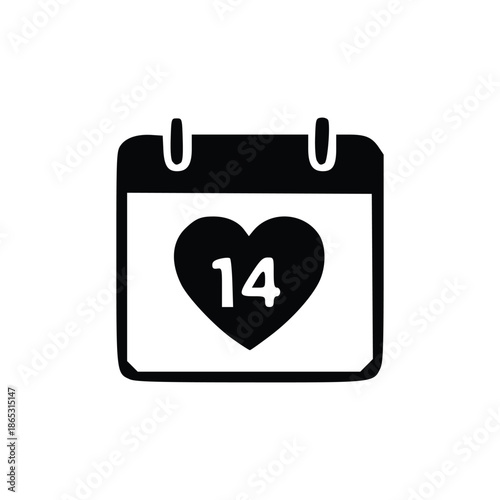 A black and white icon of a calendar with a heart and the number 14, representing Valentine's Day.