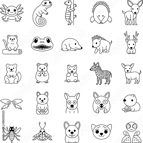 Cute hand drawn animal doodles show various wildlife pets and creatures in playful minimal cartoon illustration style