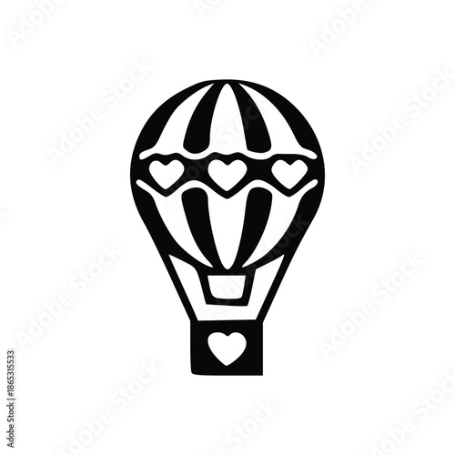 Black and white graphic illustration of a hot air balloon adorned with multiple heart shapes, featuring vertical stripes and a small basket.