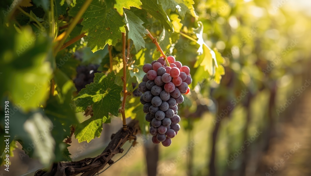 Fototapeta premium Grapevine loaded with ripe grapes and lush green foliage, highlighting agricultural harvest activity