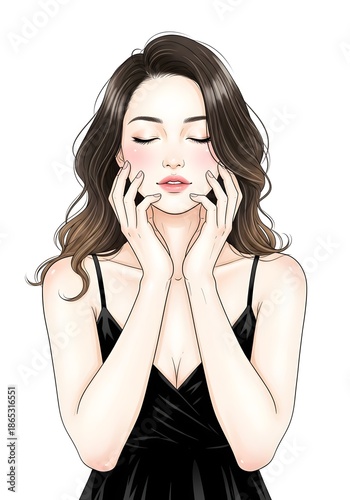 A beautiful woman with long wavy hair holds her hands to her face with a serene, peaceful expression.