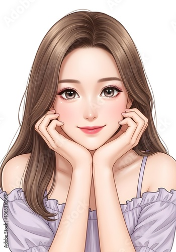 A cheerful woman with long brown hair smiles sweetly, resting her chin in her hands with an off-shoulder top.