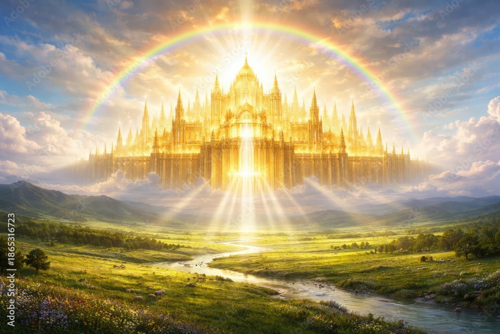 Naklejka premium Glorious New Jerusalem shining bright with spiritual light over wide grassy plains