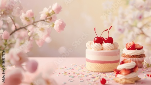 Colorful pastries and sweets in spring tones, designed for UI background themes, during seasonal celebrations