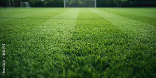 Striped soccer field surface used as a background for text layout, game setting and visual clarity