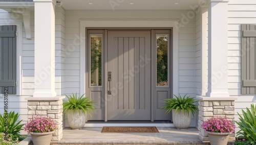 Taupe Dutch door with sidelights installed on a farmhouse, emphasizing maintenance and weather resistance