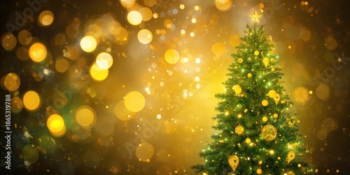 Yellow and green bokeh lights on a Christmas tree with a blurred festive background, serving as a decorative backdrop for holiday layouts