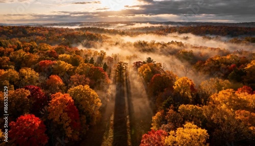Golden sunlight shines through mist over autumn forest with colorful leaves