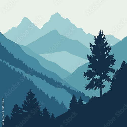 A minimalist illustration of a mountain range, with a soft blue palette and a subtle gradient effect.