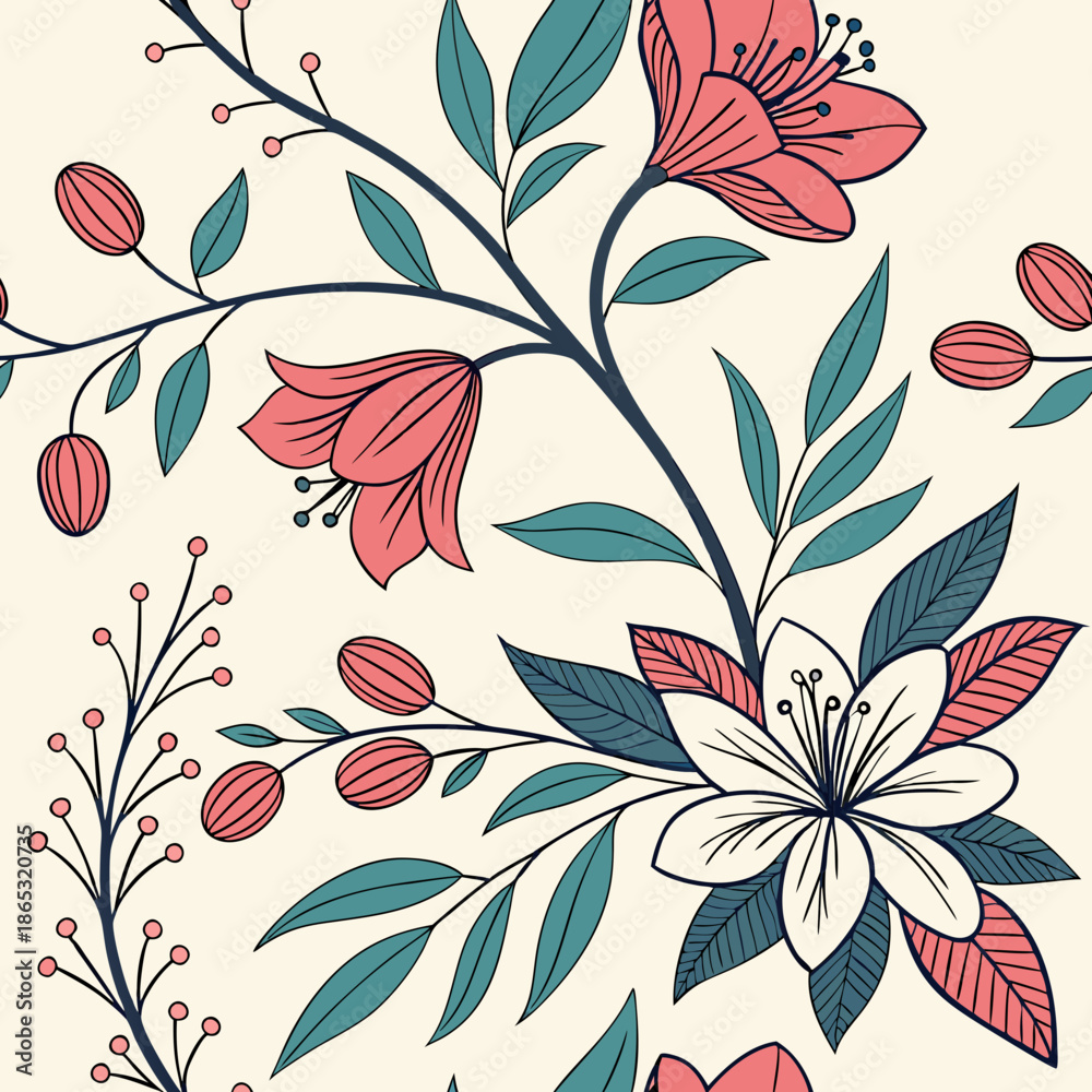 Fototapeta premium Exotic hand drawn flowers, seamless patterns with floral for fabric, textiles, clothing, wrapping paper, cover, banner, home decor, abstract backgrounds. Vector illustration.